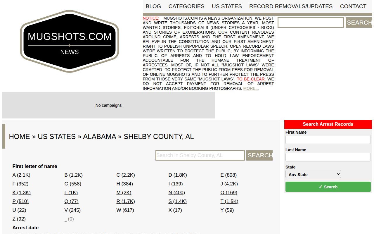 Shelby County archived mugshot news publisher records