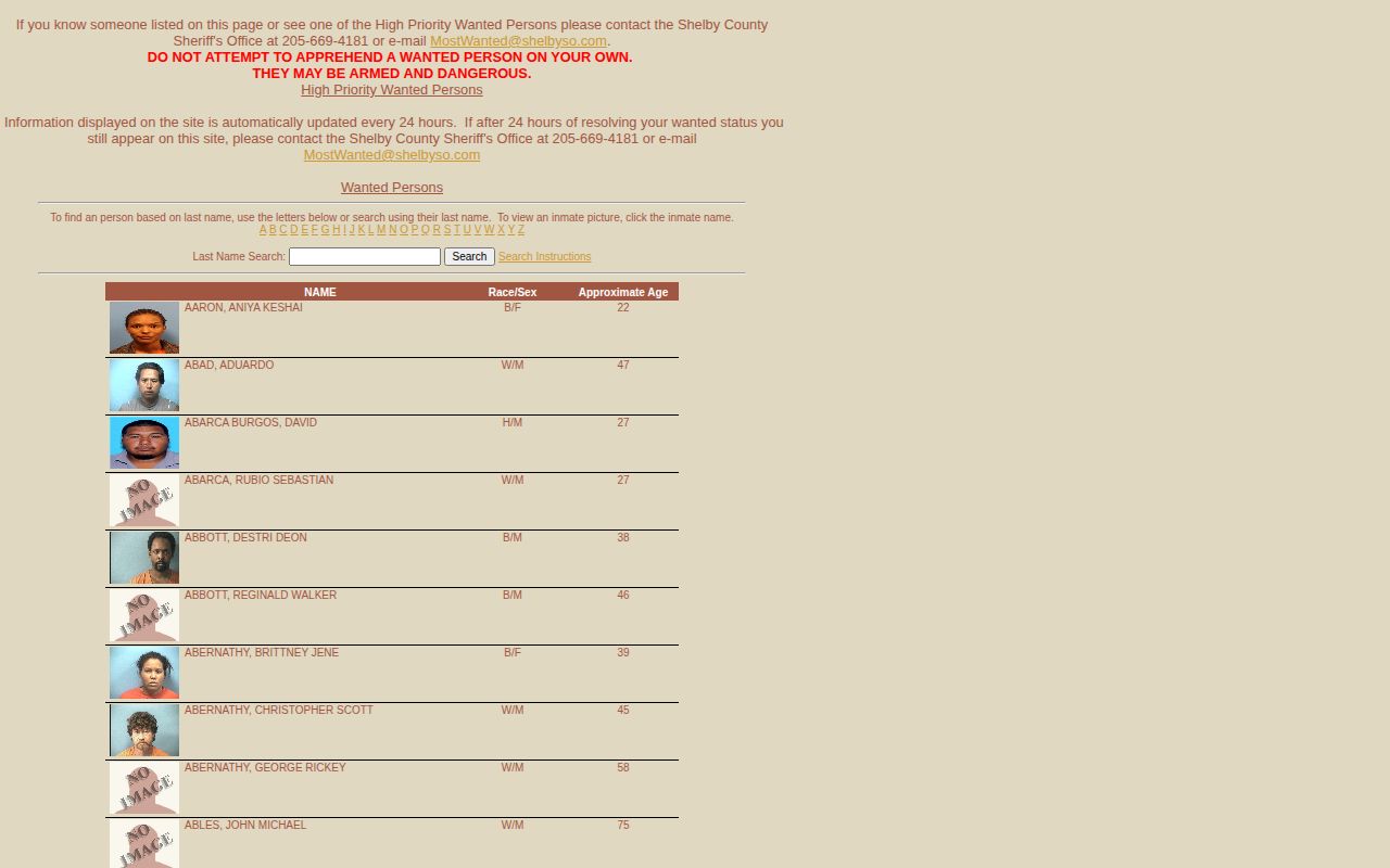 Shelby County most wanted warrant search interface