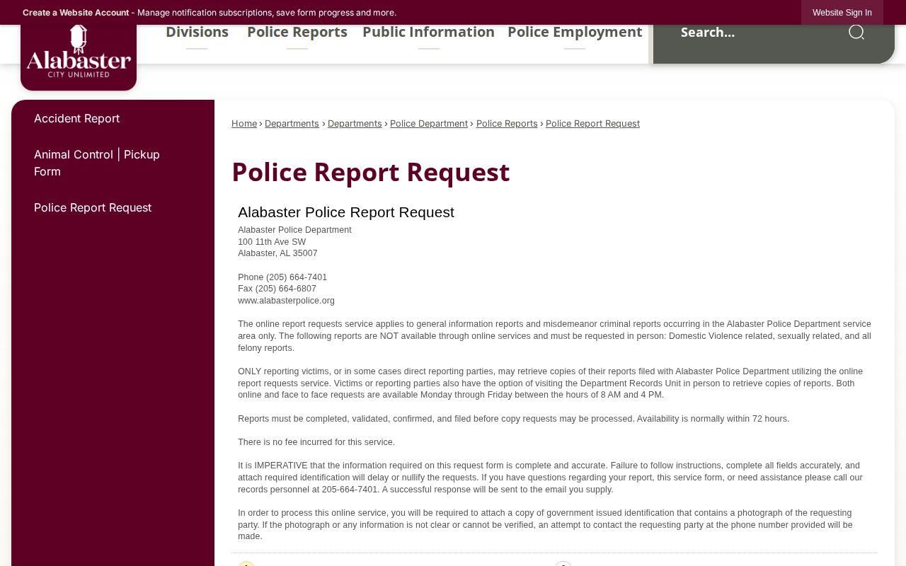 Alabaster police report request for city arrest records in Shelby County